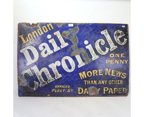 A Vintage blue and white enamel London Daily Chronicle newspaper advertising sign, 61cm x 92cm 