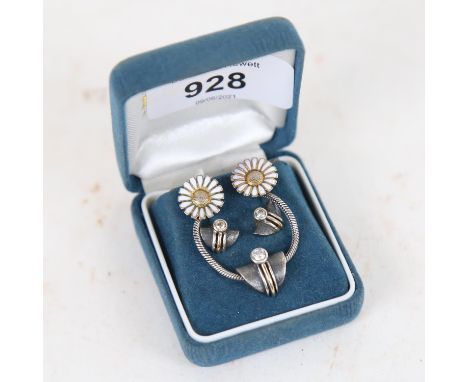 A Danish silver-gilt and oxidised pendant and matching earrings, and a pair of daisy pattern silver and white enamel earrings