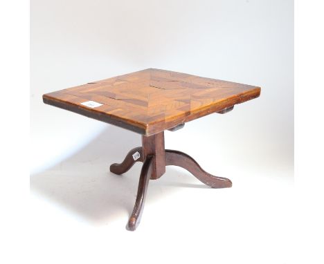 A small marquetry inlaid specimen wood apprentice piece tripod table, width 28cm, height 19cm 