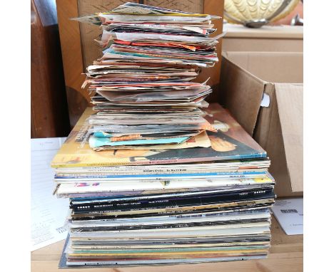 A box of vinyl LPs and singles, including David Bowie, Yes, Jimi Hendrix, Bob Dylan etc 