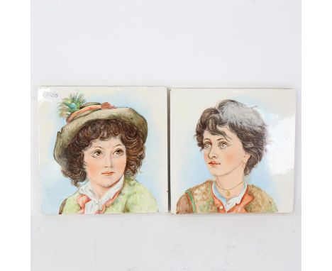 MINTON, HOLLINS &amp; CO - a pair of hand painted watercolour portrait pottery tiles, both 20.5cm x 20.5cm (2) 