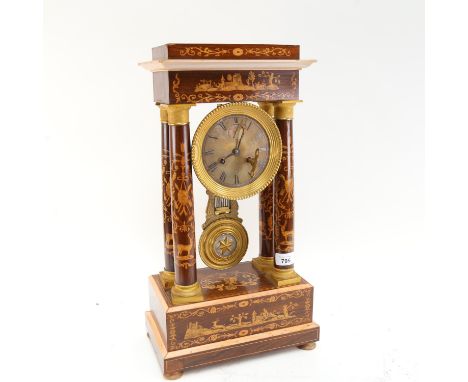 A 19th century French rosewood and marquetry inlaid 4-pillar clock, with designs of stags and hunting scene, with 2-train mov