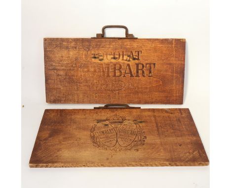 A pair of Vintage pine Chocolat Lombart of Paris display panels, 24cm x 50cm (2) 
