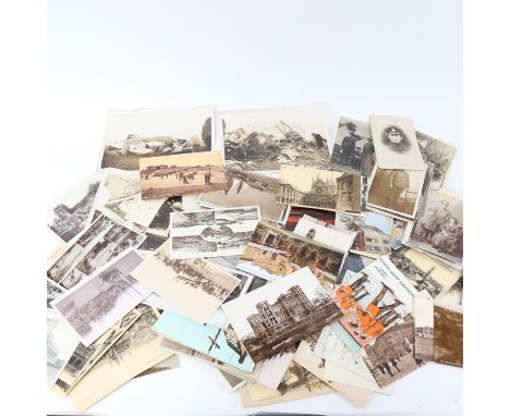 Various Vintage topographical postcards, a set of 3 sepia photographs of Bleriot Air Union plane crash etc 