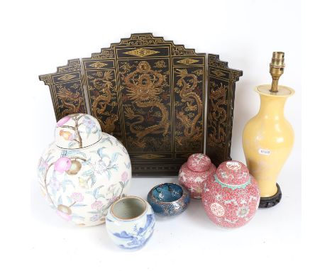 Various Oriental ceramics, including small blue and white jar, plique-a-jour enamel bowl, graduated pair of pink enamel ginge