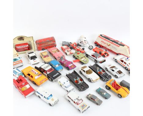 Various Vintage diecast toy cars and vehicles, including Lady Penelope's FAB 1, Batmobile, Dinky etc (2 boxes) 