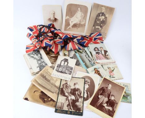 Various Vintage loose topographical postcards, Victorian portrait pictures, Union Jack bunting etc (boxful) 