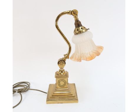 A brass adjustable desk lamp, by Christopher Wray, with glass shade, height 40.5cm 