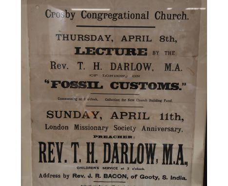 A large scale Vintage Crosby Congregational Church advertising poster, for a Lecture on Fossil Customs and London Missionary 