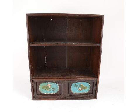 A Japanese hardwood table-top cabinet, with inset cloisonne enamel panelled drawers, H49cm, W39cm, D19cm 