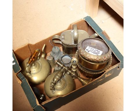 Various brass, Indian Cloisonné bowl, including spirit kettles, watering can, Vintage car horn etc (boxful) 