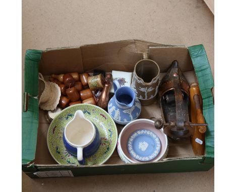 Wedgwood blue and white Jasperware jug, Poole Pottery bowl, Oriental yellow ground plates etc (boxful) 