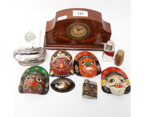 Various collectables, including Arts and Crafts pewter-clad box, petite point embroidered lighter, Art Nouveau mantel clock e