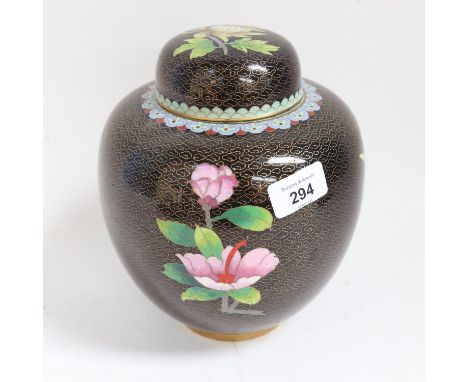 A large Chinese black ground cloisonne enamel chrysanthemum ginger jar and cover, height 21cm 