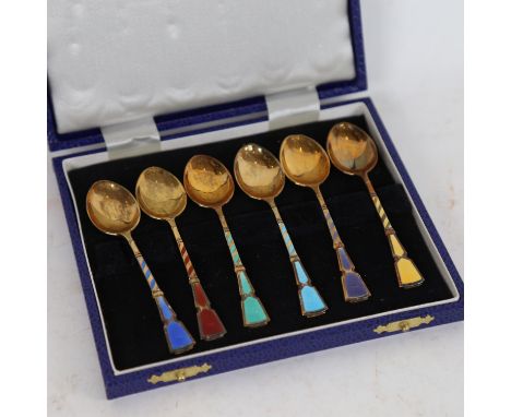 A set of 6 silver-gilt and enamel teaspoons 