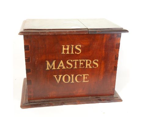 A Vintage His Masters Voice (HMV) mahogany vinyl record box, W47cm, H36cm, D30cm 