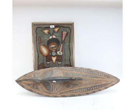 Elias Posi, a sand portrait of Simbain The Thief, height overall 64cm, and an incised and painted P.N.G wooden mask 