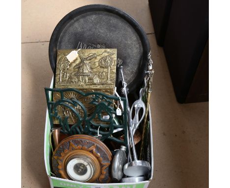 Various metalware and collectables, including barometer, cast-iron recipe book stand, brass letter rack etc (boxful) 