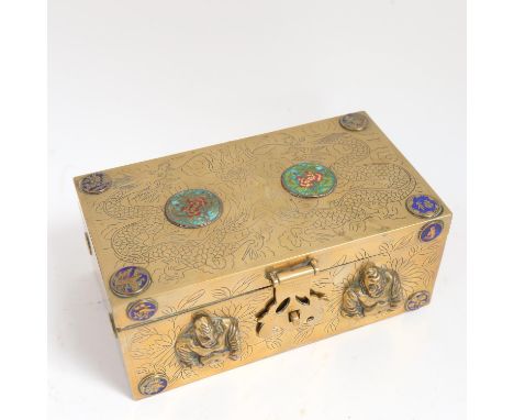 A Japanese brass and cloisonne enamel box, engraved dragon and applied Buddha decoration, 13cm x 22cm 