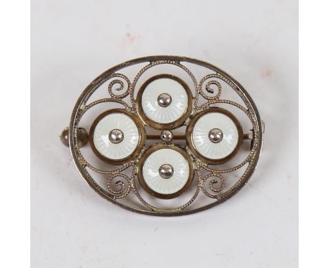 Aksel Holmsen vermeil sterling silver and white enamel pierced oval brooch 