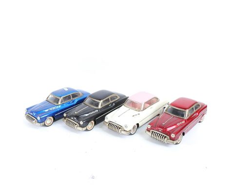 4 Vintage tinplate friction drive saloon cars, length 30cm (4) 
