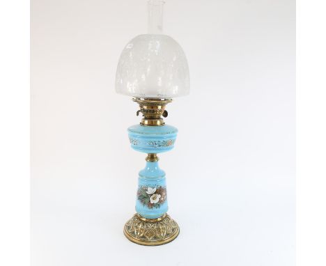 A Victorian blue opaque glass and brass-mounted oil lamp, with etched glass shade, overall height 62cm 