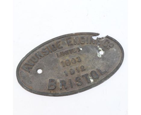 Avonside Engine Co Ltd, locomotive maker's plaque, Loco 1603 dated 1912 manufactured Bristol, 27cm across 