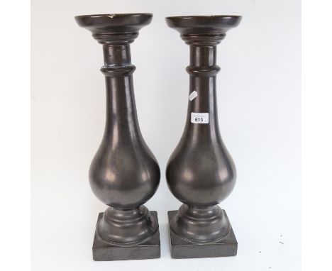 A Chinese Archaic style verdigris vessel vase, and a pair of glazed ceramic candle stands, height 50cm (1 A/F) 