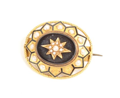 A Victorian unmarked yellow metal onyx, split-pearl and black enamel mourning brooch, brooch length 2.5cm, 4.8g 