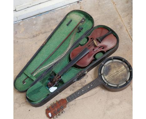 A small "The Maidstone" violin, length 12", and bow, and a Vintage banjo, and spare violin case (3) 