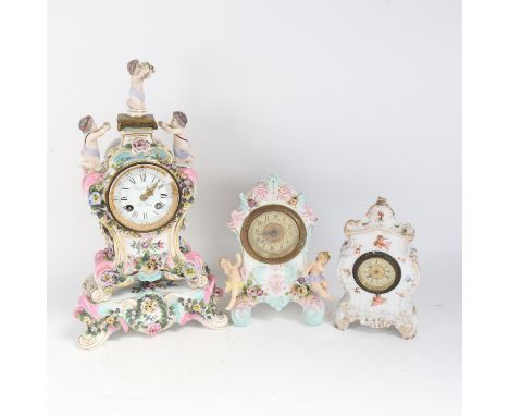 A French porcelain 8-day mantel clock, by Leroy Hger Du Roy, and 2 similar clocks, largest height 39cm (3) 