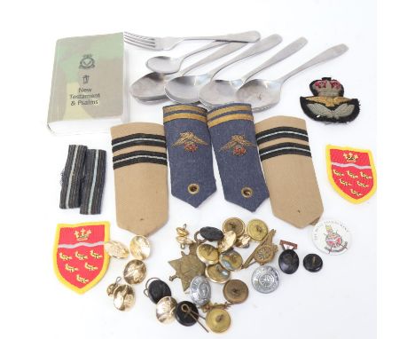 Various military badges, buttons, cutlery, epaulettes etc (boxful) 