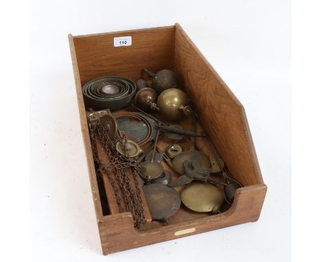 Various clock parts, including pendulums, graduated bells, longcase chain and pulley etc (boxful) 