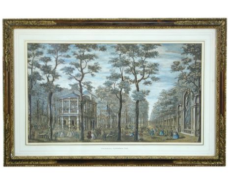Two 18th century hand coloured engravings of London Parks. Ranelagh Gardens 1745; Vauxhall Gardens 1745; both framed to image