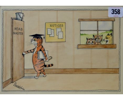 LOUIS WILLIAM WAIN (1860-1939) "HEADMASTER" 7&frac12; X 10&frac12;" FRAMED INK AND WATER COLOUR, SIGNED LOWER LEFT