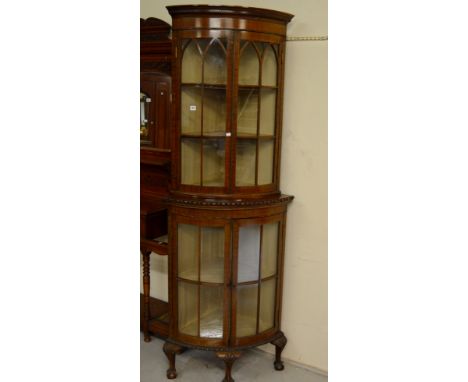 EDWARDIAN MAHOGANY 4 DOOR CORNER DISPLAY CABINET WITH SECTIONAL GLASS PANEL DOORS ON BALL &amp; CLAW FEET