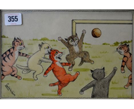 LOUIS WILLIAM WAIN (1860-1939) "FOOTBALL" &nbsp;7" X10" EBONISED FRAMED INK AND WATER COLOUR, SIGNED LOWER LEFT - LOUIS WAIN