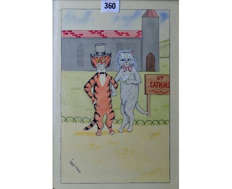 LOUIS WILLIAM WAIN (1860-1939) "WEDDING AT ST CATKINS" 12" X 8" FRAMED INK AND WATER COLOUR, SIGNED LOWER LEFT