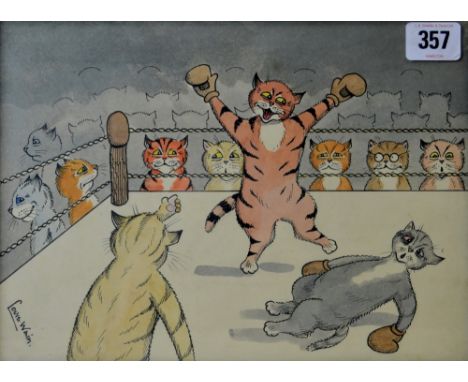 LOUIS WILLIAM WAIN (1860-1939) "KING OF THE RING" 8" X 11" FRAMED INK AND WATER COLOUR, SIGNED LOWER LEFT