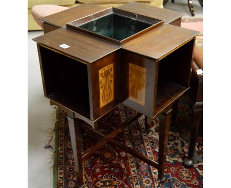 ART NOUVEAU INLAID MAHOGANY PLANTER TABLE WITH LINER ON STRETCHER BASE