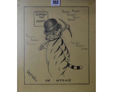 LOUIS WILLIAM WAIN (1860-1939) "ON STRIKE" 10&frac12;" X 9" EBONISED FRAMED PENCIL DRAWING SIGNED LOWER LEFT - LOUIS WAIN