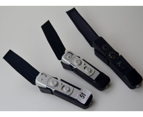 3 VARIOUS MINOX SPY CAMERAS WITH PROTECTIVE LEATHER CASES