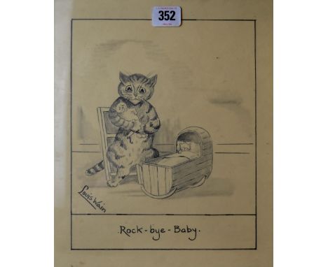 LOUIS WILLIAM WAIN (1860-1939) "ROCK-BYE-BABY"&nbsp;10" X 8" EBONISED FRAMED PENCIL DRAWING, SIGNED LOWER LEFT - LOUIS WAIN