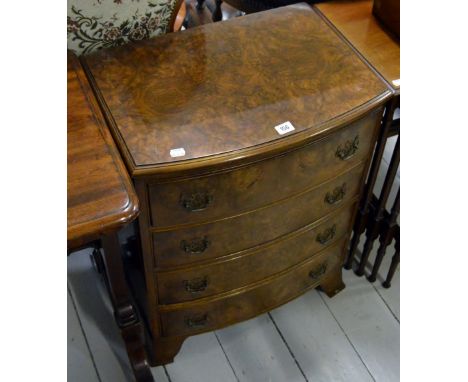 21" BURR WALNUT BOW FRONT 4 DRAWER CHEST ON BRACKET FEET