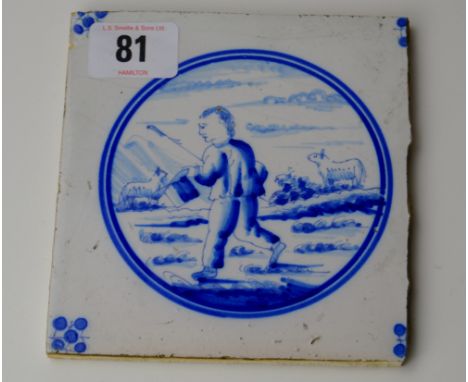 4&frac34;" X 5" EARLY DELFT BLUE &amp; WHITE DECORATIVE TILE - A SHEPHERD &amp; HIS SHEEP