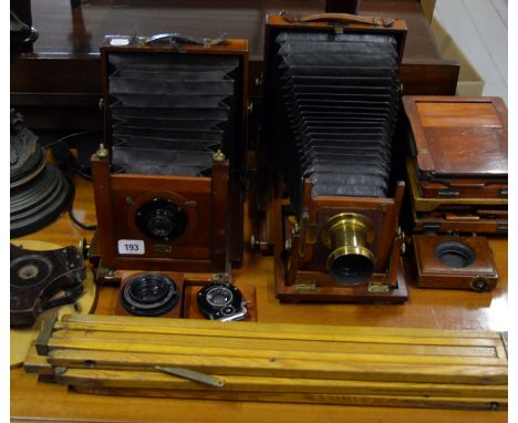 2 VICTORIAN MAHOGANY BELLOW CAMERAS WITH TRIPOD STAND &amp; VARIOUS ACCESSORIES
