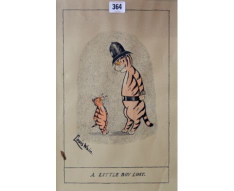 LOUIS WILLIAM WAIN (1860-1939) "A LITTLE BOY LOST." 13&frac12;" X 8" EBONISED FRAMED INK AND WATER COLOUR, SIGNED LOWER LEFT 