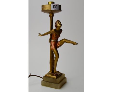 13" ART DECO COLD PAINTED FIGURINE TABLE LAMP ON STEPPED BASE