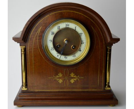 INLAID MAHOGANY CASED STRIKING MANTLE CLOCK WITH FRENCH MOVEMENT