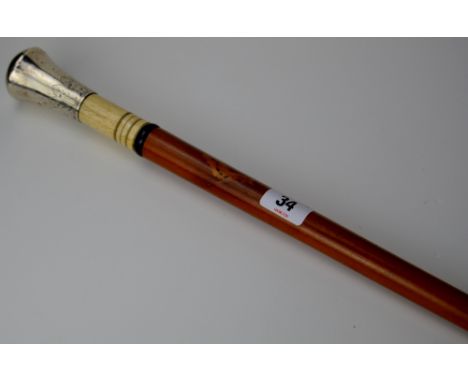 FINE SILVER TOPPED WALKING STICK WITH IVORY &amp; EBONY MOUNTS &amp; HORN BOTTOM